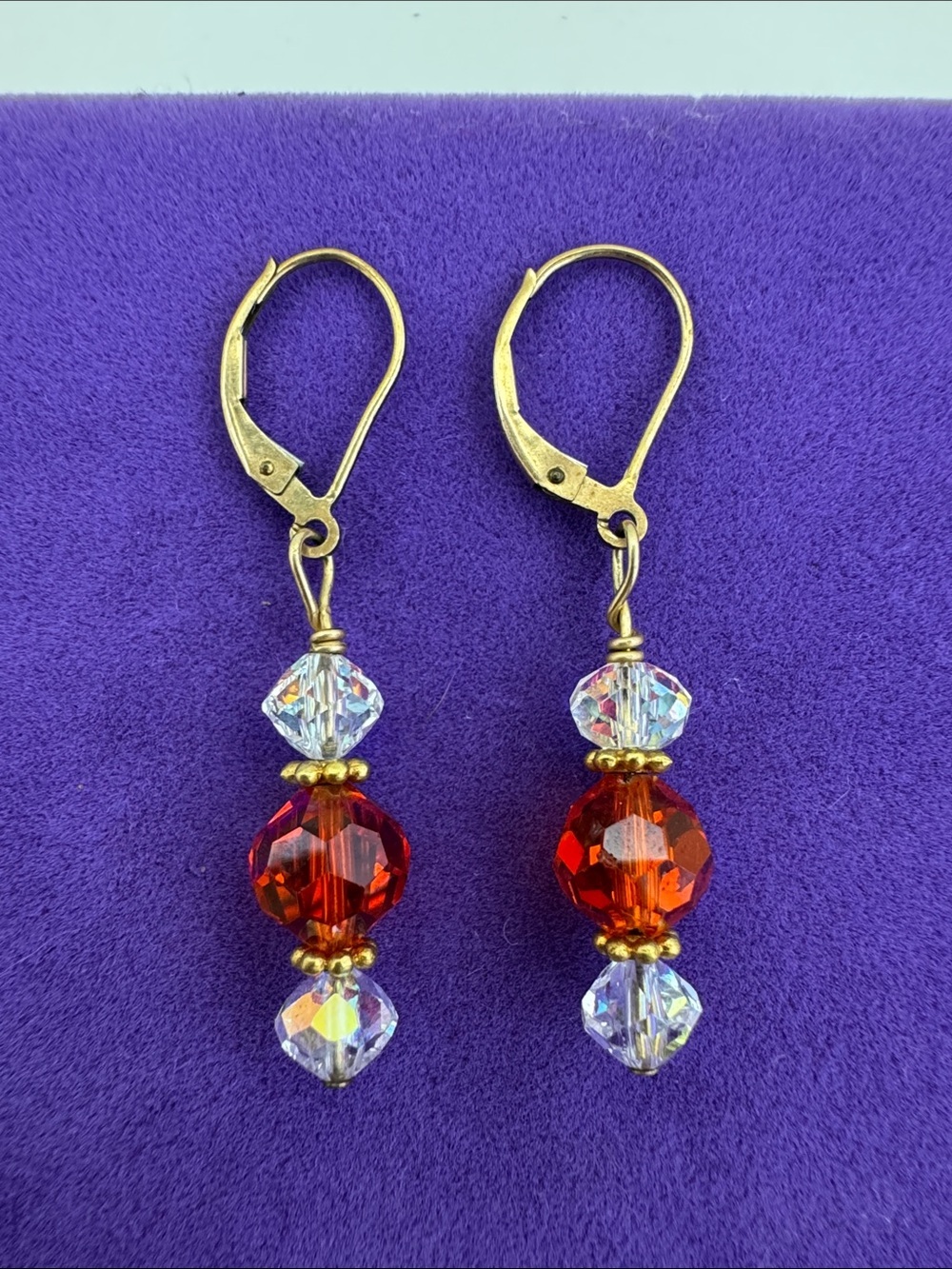 💛 Vintage 14k Gold Filled Red & White Crystal Drop Earrings